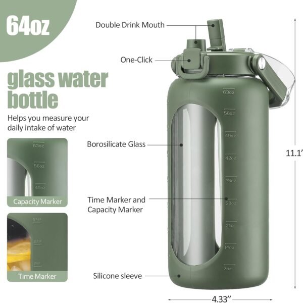 64oz Glass Water Bottle with Handle and Straw, Motivational Sports Water Bottle with Time Marker and Silicone Sleeve Leakproof Drinking Bottle for Travel Gym Workout, Olive