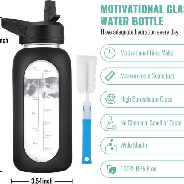 32 oz Glass Water Bottle with Straw and Handle, Large Sports Motivational Water Bottle Flask with Time Marker and 2 Lids, Leakproof Water Jug Canteen with Silicone Sleeve for Gym,Black