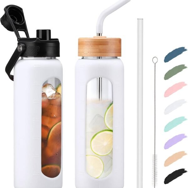 Water Bottle with Straw, 24 oz Glass water Bottle with 2 Lids Bamboo Straw Lid and Spout Lid with Handle, 32 oz Clear Water Bottle Glass for Sports Travel, Waterbottle with Time Marker