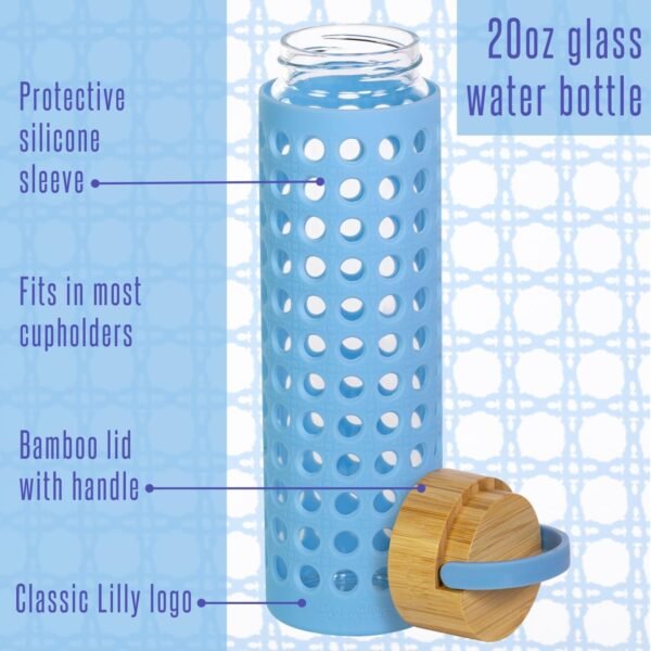Glass Water Bottle with Silicone Sleeve, 20 oz Cute Water Bottle for Women, Glass Bottle with Lid and Non Slip Silicone Wrap, Blue Caning
